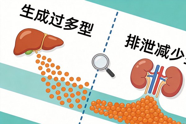 尿酸代谢分型示意图:生成过多型vs排泄减少型