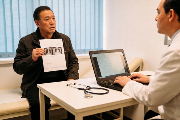 患者拿着化验单向医生咨询