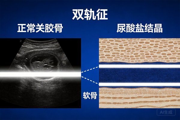 双轨征超声示意图:正常关节一条线vs痛风关节两条线