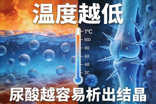 温度下降尿酸溶解度降低析出结晶示意图