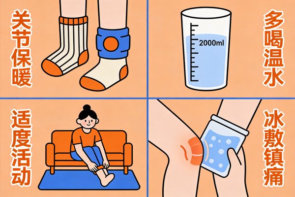 雨天痛风防护要点:保暖、喝水、活动、冰敷