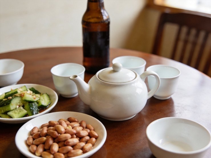 餐桌上摆着茶壶、茶杯和几碟清淡小菜,背景里有一只未开瓶的酒